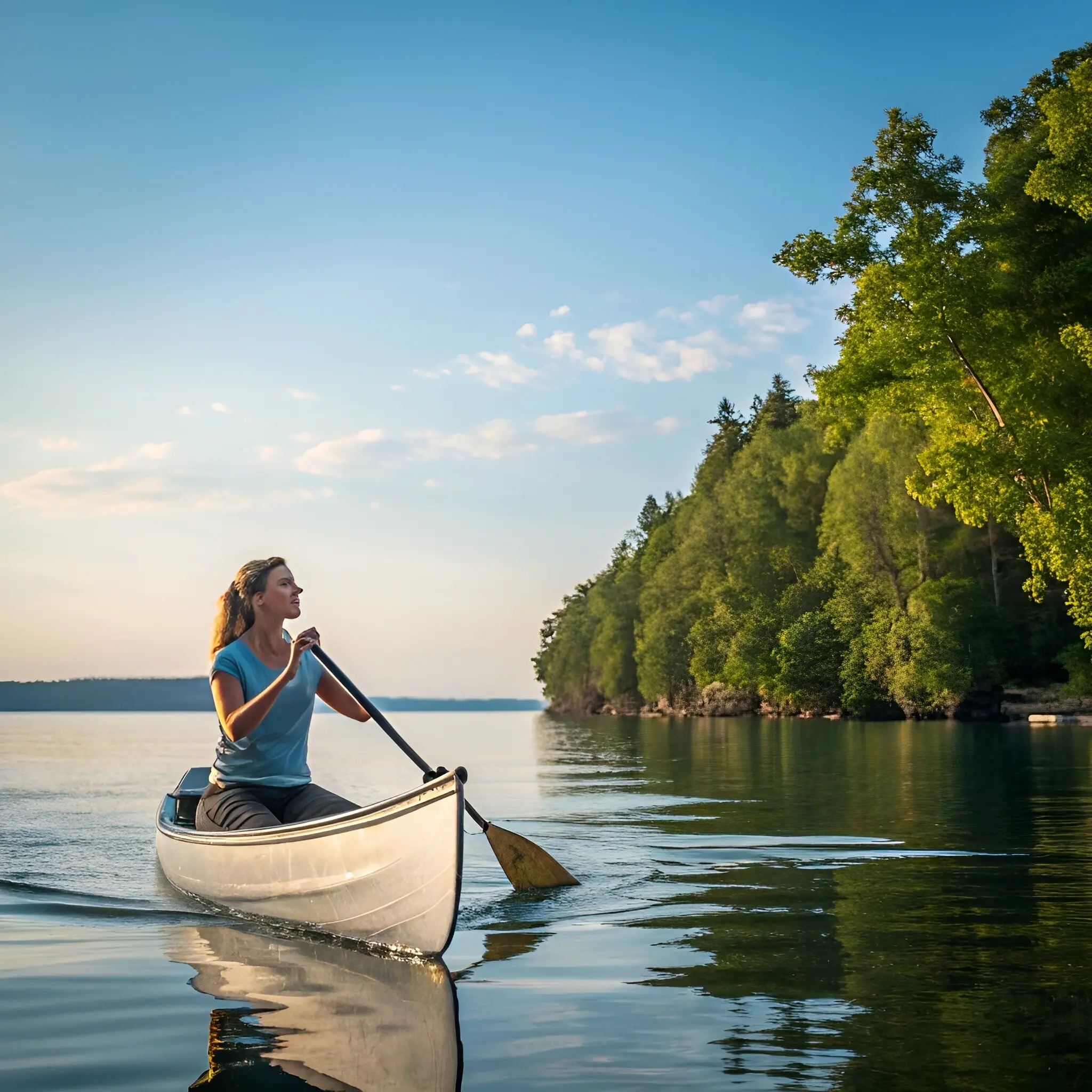 Eine Frau rudert in einem Kanu auf einem See, mit Bäumen im Hintergrund.