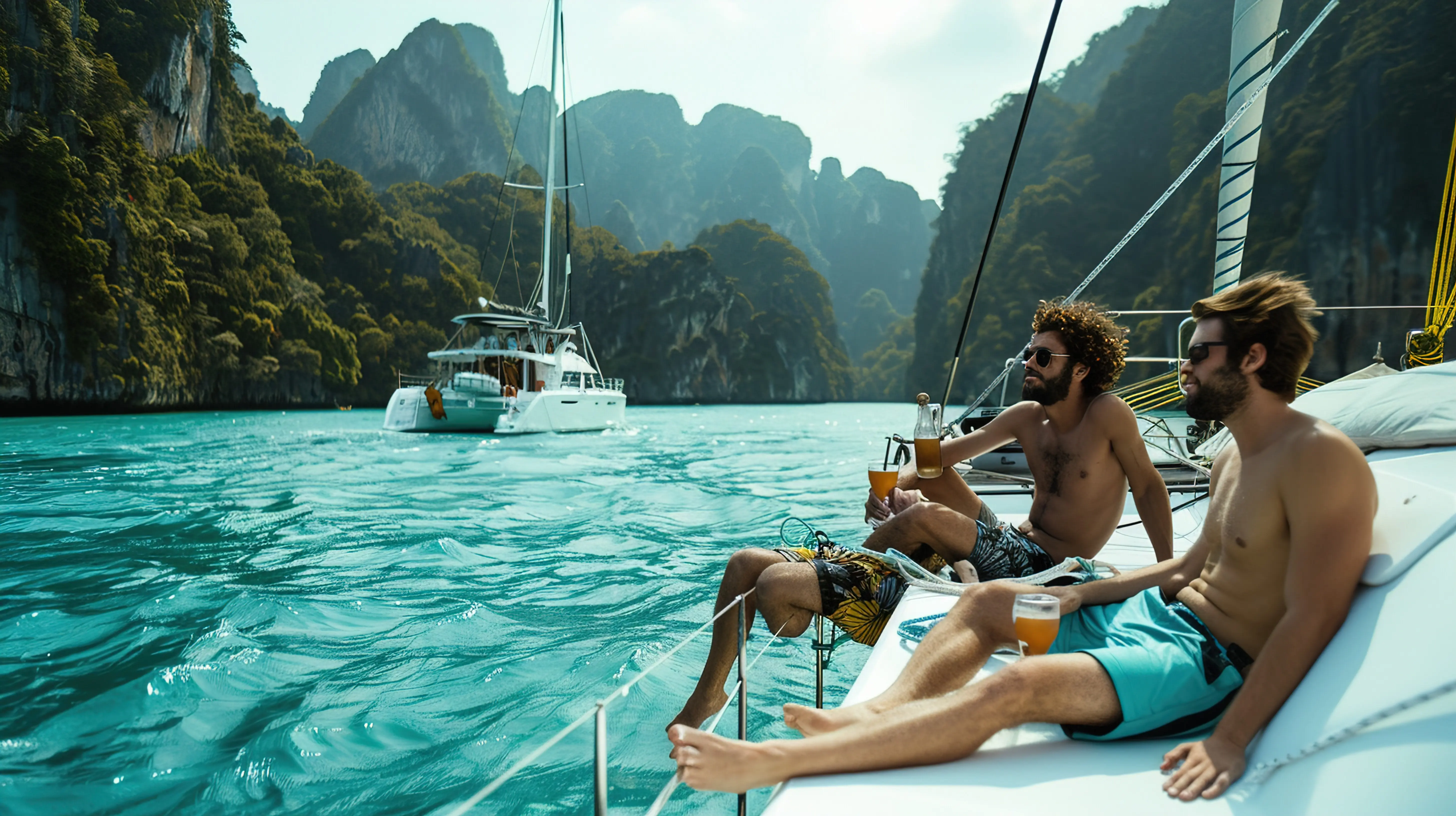 Ein Mann auf einem Boot mit einem Getränk vor sich.