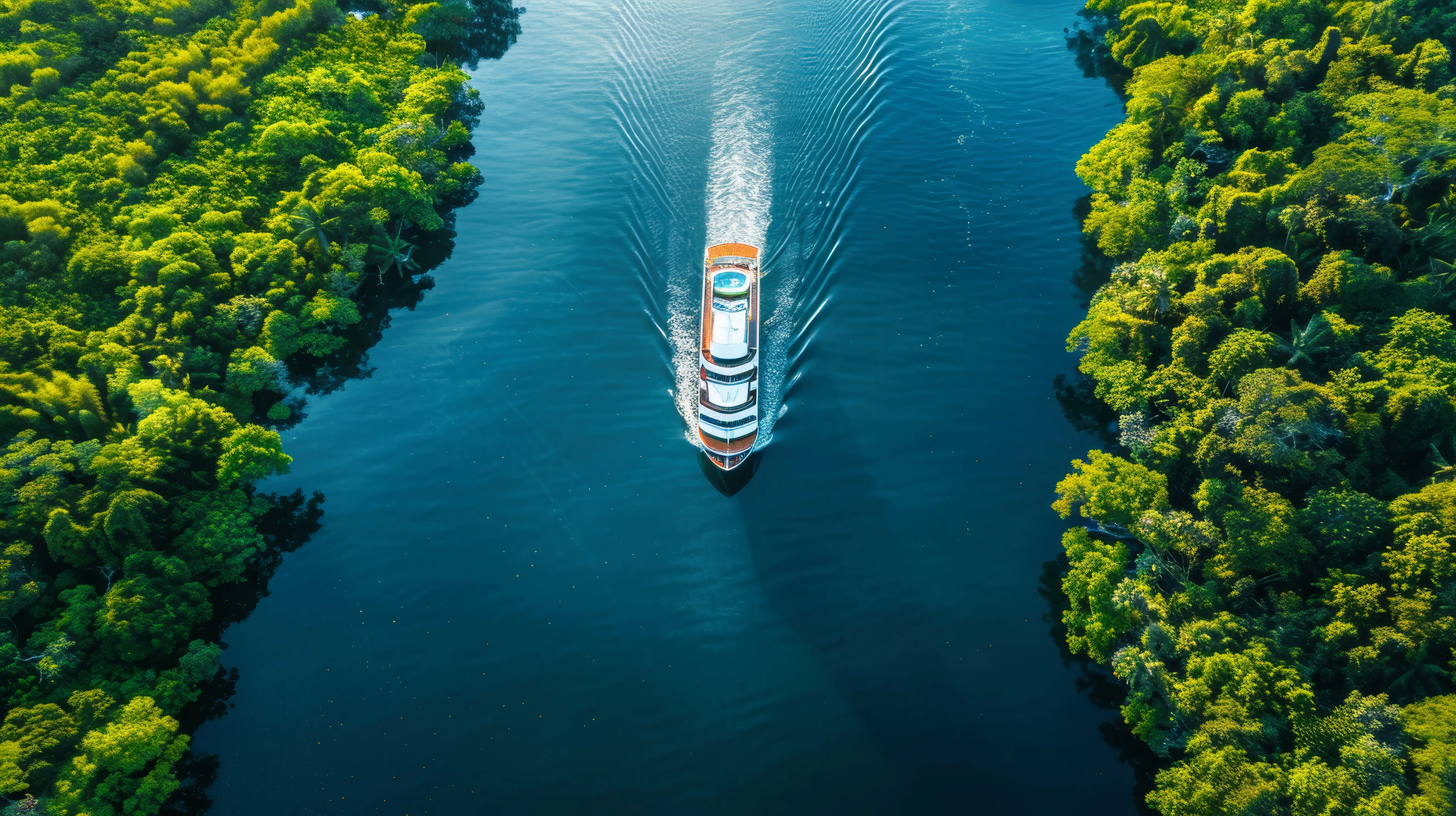Ein Boot fährt einen Fluss entlang, dessen beide Ufer von üppig grünen Bäumen gesäumt sind, was für eine ruhige und malerische Fahrt sorgt.